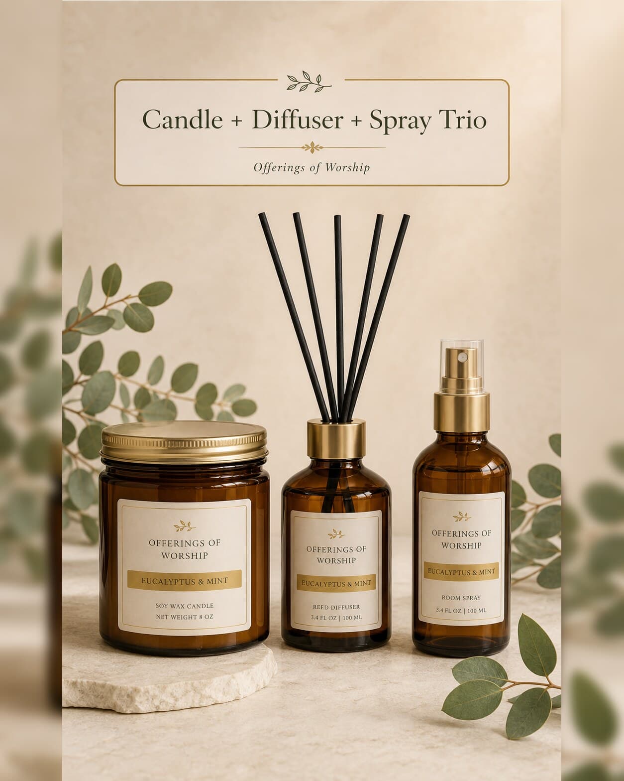 Candle + Diffuser + Spray Trio — One candle, one diffuser, one room spray.
